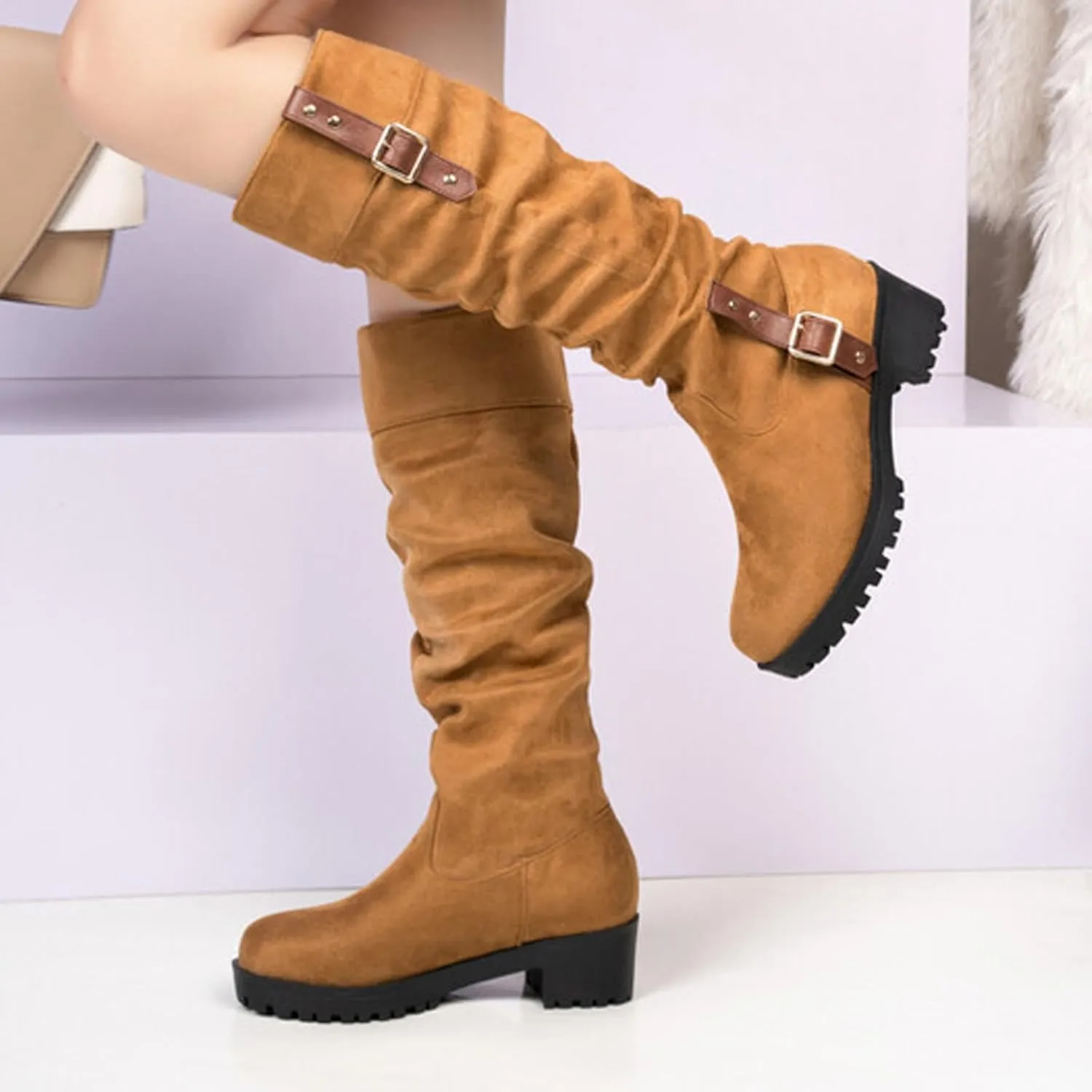 Women's Winter Knee High Pull On Boots Comfortable Chunky Heel Round Toe Faux Suede Slouch Riding Boots