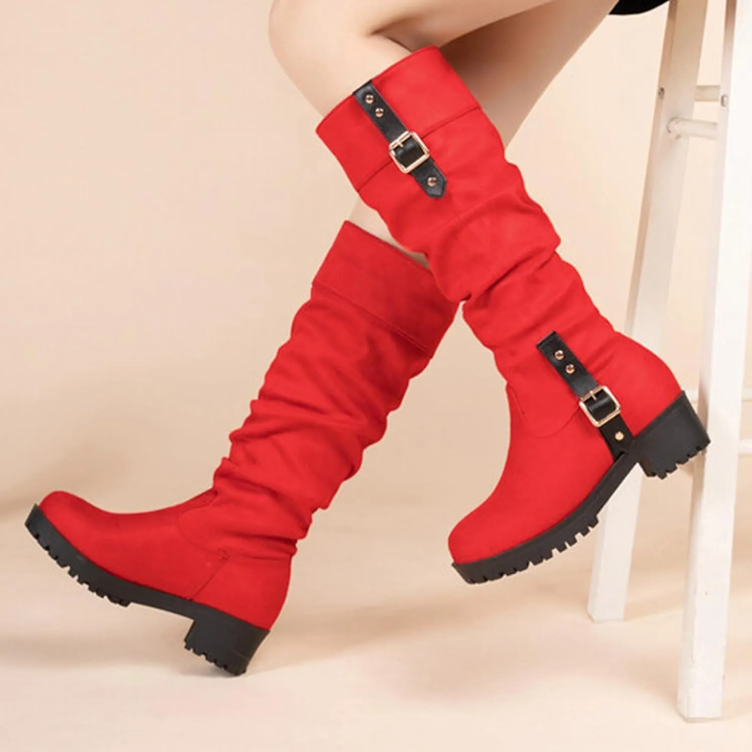 Women's Winter Knee High Pull On Boots Comfortable Chunky Heel Round Toe Faux Suede Slouch Riding Boots