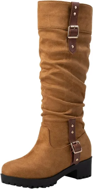 Women's Winter Knee High Pull On Boots Comfortable Chunky Heel Round Toe Faux Suede Slouch Riding Boots
