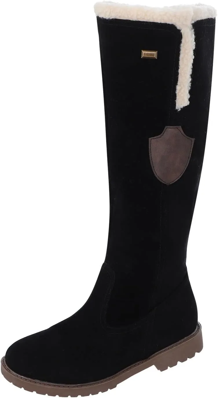 Womens Winter Snow Boots Knee High Pull On Winter Boots Suede Faux Fur Lined Water Resistant Warm Snow Boots