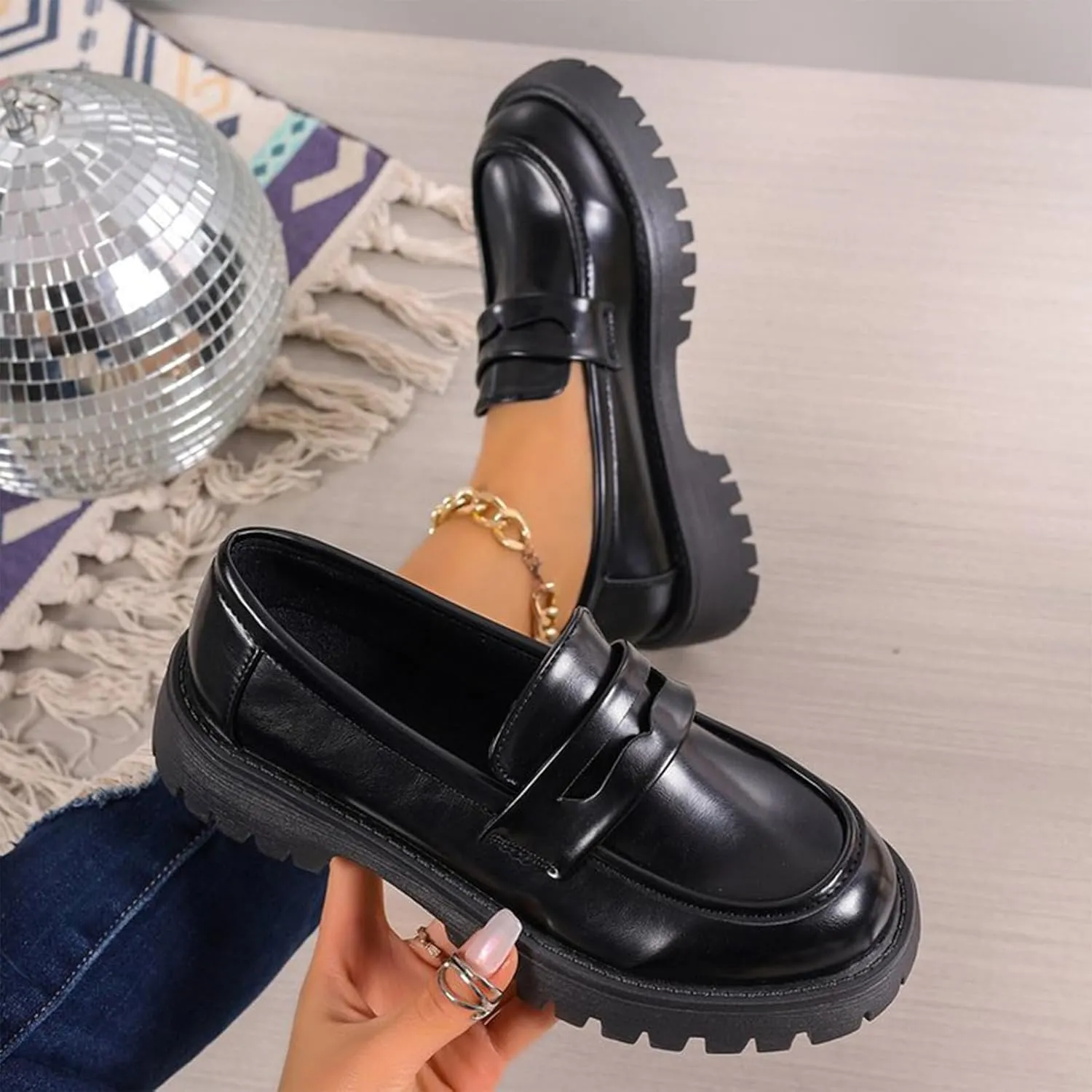 Work Shoes Women Platform Penny Loafers Slip On Chunky Loafers Comfortable Work Shoes Platform Office Shoes