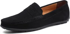 XTYPE Loafer Shoes for Men Genuine Leather Stitching Details Round Toe Suede Vamp Penny Loafer Rubber Sole Resistant Flexible Flat Heel Lightweight Casual (Color : Black, Size : 10.5)