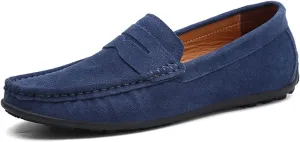 XTYPE Loafer Shoes for Men Genuine Leather Stitching Details Round Toe Suede Vamp Penny Loafer Rubber Sole Resistant Flexible Flat Heel Lightweight Casual (Color : Deep Blue, Size : 10)