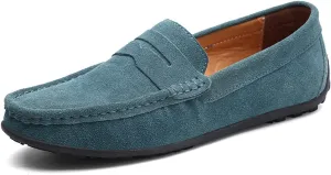XTYPE Loafer Shoes for Men Genuine Leather Stitching Details Round Toe Suede Vamp Penny Loafer Rubber Sole Resistant Flexible Flat Heel Lightweight Casual (Color : Green, Size : 11.5)