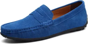 XTYPE Loafer Shoes for Men Genuine Leather Stitching Details Round Toe Suede Vamp Penny Loafer Rubber Sole Resistant Flexible Flat Heel Lightweight Casual (Color : Light Blue, Size : 11.5)