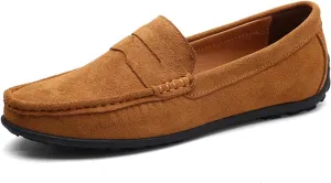 XTYPE Loafer Shoes for Men Genuine Leather Stitching Details Round Toe Suede Vamp Penny Loafer Rubber Sole Resistant Flexible Flat Heel Lightweight Casual (Color : Light Brown, Size : 9)