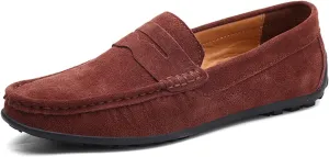 XTYPE Loafer Shoes for Men Genuine Leather Stitching Details Round Toe Suede Vamp Penny Loafer Rubber Sole Resistant Flexible Flat Heel Lightweight Casual (Color : Red Brown, Size : 9)