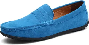 XTYPE Loafer Shoes for Men Genuine Leather Stitching Details Round Toe Suede Vamp Penny Loafer Rubber Sole Resistant Flexible Flat Heel Lightweight Casual (Color : Royal Blue, Size : 7)